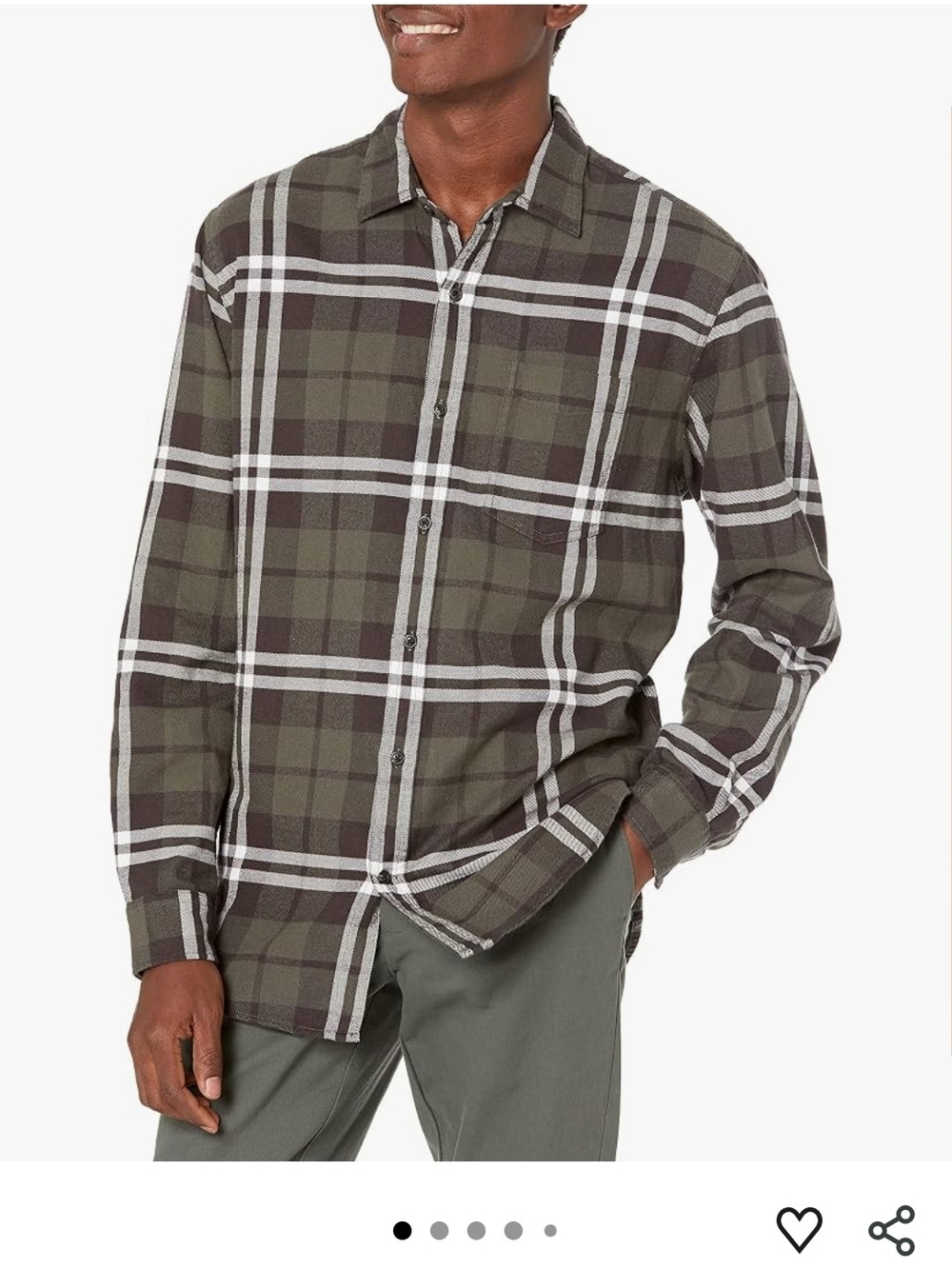 Men's Olive Plaid Flannel Button-Down Shirt, Long-Sleeve, Size Medium